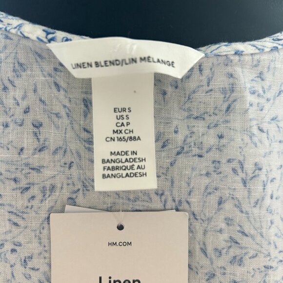 H&M Top Linen Button Down Shirt Blue Floral Blouse Spring Casual Everyday SZS - Picture 8 of 13